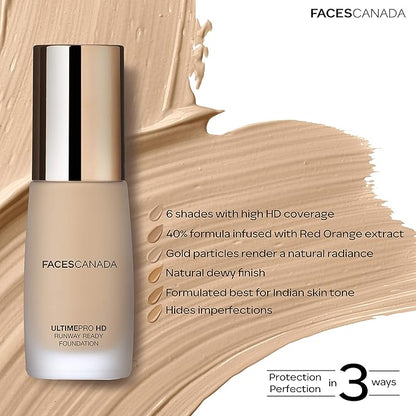 Faces Canada HD Runway Ready Foundation, Red Orange Extract & Gold particles, High Coverage, Oil-Free, Flawless Radiance, Vegan & Cruelty Free, Paraben Free, Natural 02 (Beige), 1.01 Fl Oz