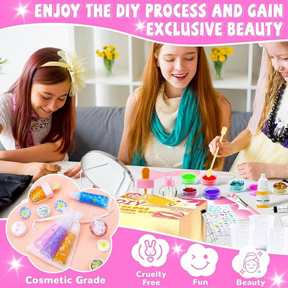 DIY Lip Gloss Making Kit 74 PCS, Yellow Kids Lip Gloss Supplies Set Beginner, Fun Craft Set Moisturizing Base, Gift for Girls, Kids, Teenagers, Women