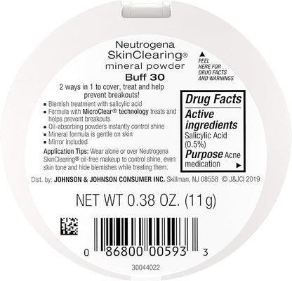 Neutrogena SkinClearing Mineral Acne-Concealing Pressed Powder Compact, Shine-Free & Oil-Absorbing Makeup with Salicylic Acid to Cover, Treat & Prevent Acne Breakouts, Buff 30, .38 oz