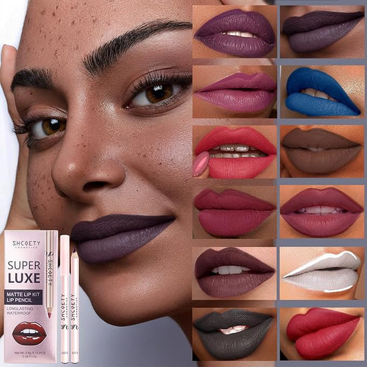 12 Colors Lip Liner Combo, Matte Nude Lipstick Long Lasting and Non-removal Waterproof Smooth Ultra Fine Texture High Pigmented Lip Plumping Brown Black Color Lip Pencil Makeup
