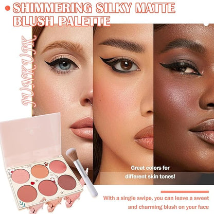 6 Color Shimmer Silky Matte Blush & Contour Highlighter Set With Makeup Brush