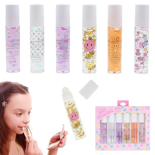 EXPRESSIONS 6pc Lip Gloss Set - High Shine Confetti Lip Gloss Tubes w/Rollerball Applicator Tips | Hydrating Roll On Lip Gloss, Safe and Non-Toxic Lip Gloss Gift Set For Girls (KEEP SMILING)