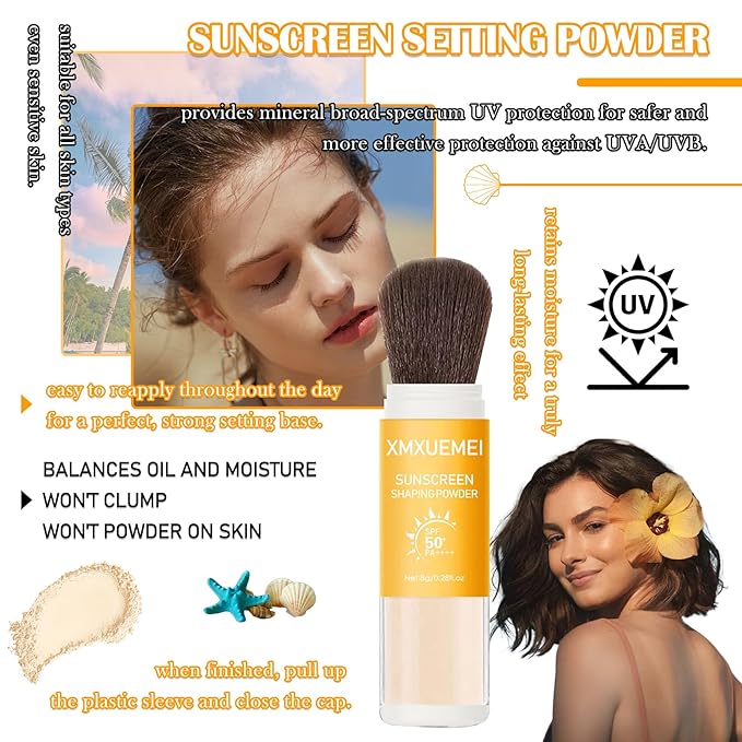 Mineral Sunscreen Setting Powder SPF 50+ PA++++,Translucent Powder Sunscreen for Face,Lasting Matte Oil Control Brush Face Powder,Lightweight & Water Resistant Makeup Setting Powder