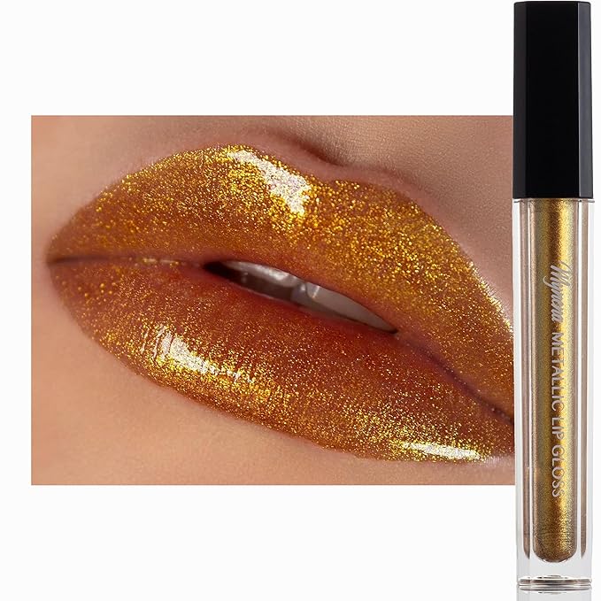 Mynena Gold Glitter Lip Gloss Non-Sticky Filled with Iridescent Sparkles | Lightweight Shimmer Lip Topper – Paraben-Free | Demi-Sheer Lipgloss from Cosplay to Everyday Glam | ISunny