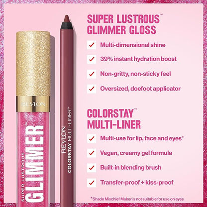 Revlon Super Lustrous Glimmer Gloss and ColorStay Multi-Liner Bundle, Rose Glow and Dallying, Pack of 2