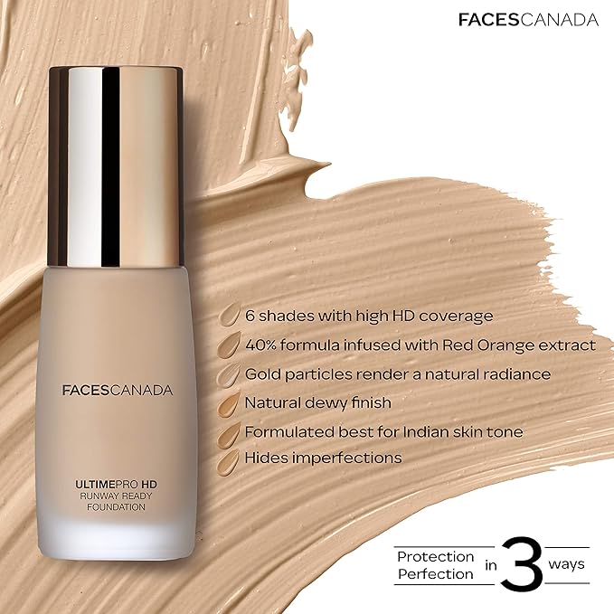 Faces Canada HD Runway Ready Foundation, Red Orange Extract & Gold particles, High Coverage, Oil-Free, Flawless Radiance, Vegan & Cruelty Free, Paraben Free, Ivory 01 (Beige), 1.01 Fl Oz