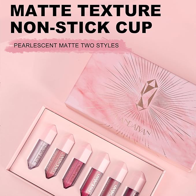 6PCS Diamond Lip Gloss Set, Matte & Pearlescent Finish, Long-Lasting Hydrating Lipstick, Non-Sticky, High-Pigment Formula for All-Day Wear, Shimmer & Velvet Effect (Diamond B, 1)