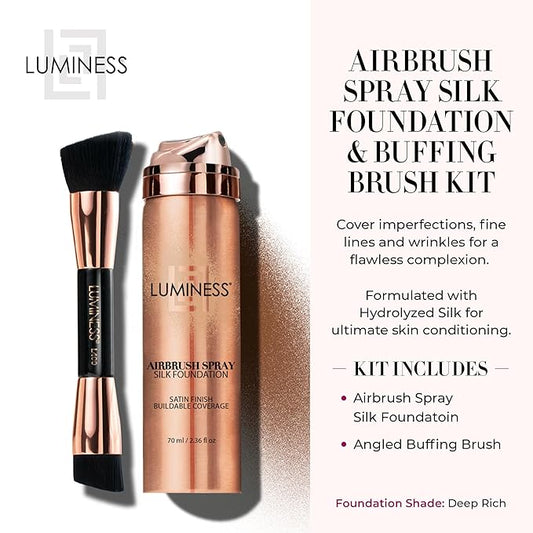 LUMINESS Silk Airbrush Spray Foundation & Buffing Brush Kit – Full Coverage Foundation & Dual-Sided Buffing Brush - Buildable Coverage, Anti-Aging Formula Hydrates & Moisturizes (Shade - Deep Rich)