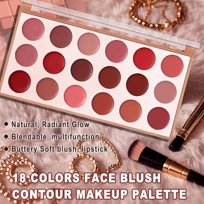 18 Colors Cream Blush Palette - Buildable Cheek, Lip & Eye Makeup, Waterproof & Long-Lasting, Blendable Natural Matte Finish, Vegan & Cruelty-Free, for Contouring, Everyday or Holiday Gift