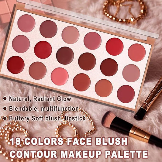 18 Colors Cream Blush Palette - Buildable Cheek, Lip & Eye Makeup, Waterproof & Long-Lasting, Blendable Natural Matte Finish, Vegan & Cruelty-Free, for Contouring, Everyday or Holiday Gift