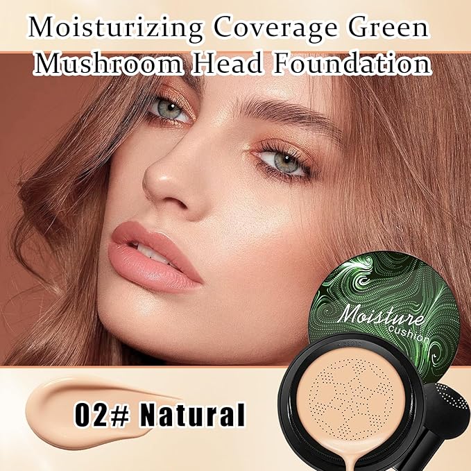 Mushroom Head Air Cushion CC Cream Foundation Makeup,Moisturizing BB Cream Face Makeup Liquid Foundation,Long Lasting Full Coverage Concealer for All Skin Types（Natural）
