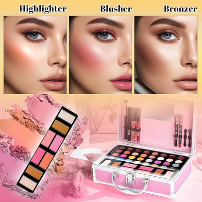 Beginner Makeup Kit for Teen,Makeup Set for Girl Women,Beginner Makeup Kit with Cosmetic Train Case Included 32 Colors Eyeshadow Blush Contour Lip Gloss Lip Liner Mascara Eyeliner Mirror