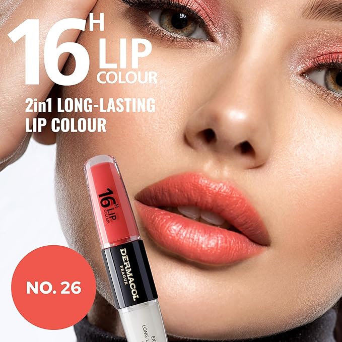 Dermacol NEW 16-Hour Lip Colour, Highly Pigmented Glossy Lip Stain, Two-Phase Lip Plumper Gloss, Kissproof Lip Makeup Products with Matte and Glitter Finish, n. 26