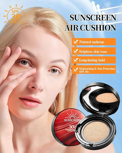 Sunscreen Cushion Foundation with SPF30, Full Coverage Face Cream Foundation Makeup for Mature Skin Moisturizing Breathable Concealer,Lightweight & Buildable BB Cream for All Skin Types, Ivory