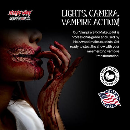 Vampire SFX Makeup Kit - Wicked Bite Special Effects Face Makeup Set with 1/2 Oz. Extra Thick Fake Blood, Black Pencil Liner, Stipple Sponge and Zipper Bag for Halloween or Stage - Bloody Mary