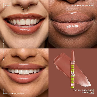 NYX PROFESSIONAL MAKEUP Fat Oil Slick Click, Lightweight, Buildable Pigmented Vegan Lip Balm - Verified (Nude)