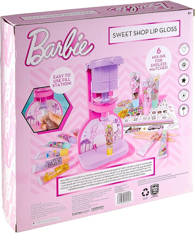 Horizon Group USA Barbie Sweet Shop Lip Gloss Making Kit, Makes 12 Barbie Accessories, Barbie Lip Glosses & Keychains, Arts and Crafts kit for Kids Ages 6+, Gifts for 6 Year Old Girl