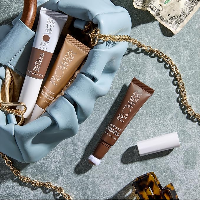 FLOWER BEAUTY By Drew Barrymore Lowlight Liquid Contour - Natural Finish + Buildable Coverage - Built-In Cusion Applicator - Deep