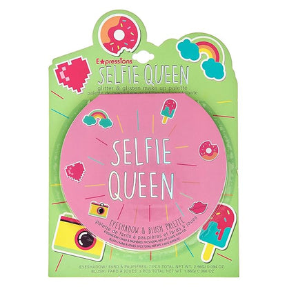Selfie Queen Glisten & Glitter Makeup Palette 10 Color Eyeshadow Palette & Blush Makeup Novelty Beauty Set, Fold Out Compact with Mirror, Washable, Non-Toxic