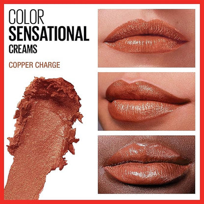 Maybelline Color Sensational Lipstick, Lip Makeup, Cream Finish, Hydrating Lipstick, Nude, Pink, Red, Plum Lip Color, Copper Charge, 0.15 oz; (Packaging May Vary)