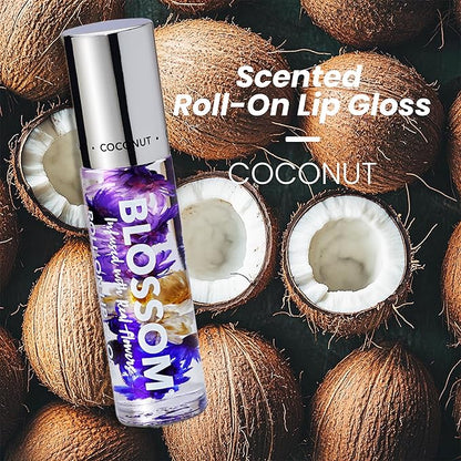 Blossom Roll on Lip Gloss, Scented Clear High Shine Moisturizing Lip Oil, Non Sticky, Infused with Real Flowers, Made in USA, 0.2oz, Coconut