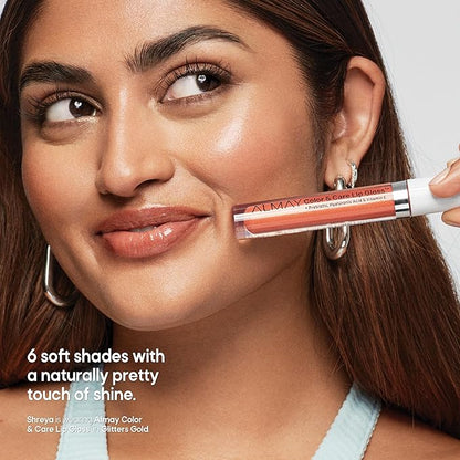 Almay Color & Care Hydrating Lip Gloss, Soft Natural Hues, Prebiotic Complex, Hyaluronic Filling-Sphere Technology, 300 Glitters Gold, 0.1 Fl Oz