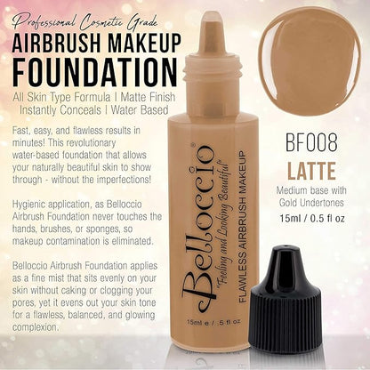 Belloccio's Professional Cosmetic Airbrush Makeup Foundation 1/2oz Bottle: Latte- Medium with Golden Undertones