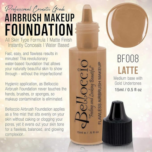 Belloccio's Professional Cosmetic Airbrush Makeup Foundation 1/2oz Bottle: Latte- Medium with Golden Undertones