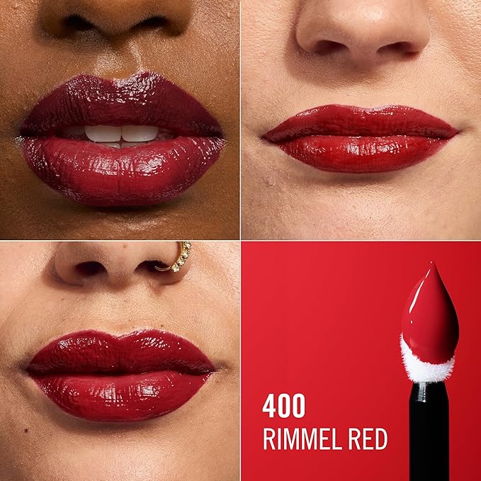 Rimmel Thrill Seeker Lip Latex, 400 Rimmel Red, Liquid Lipstick, Lipgloss, Lip Colour, Hyaluronic Lipstick, Lip Stain, Smooth Shine, Hydration, Hyaluronic Acid, Vitamin E, Aloe Vera, 0.2oz