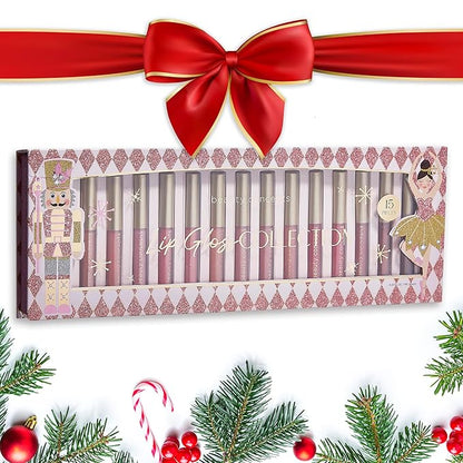 Beauty Concept 15-Piece Lip Gloss Set - Radiant Lips with Glossy Heavy Embossing, Shiny Gold Foil Stamping - 0.7 fl oz Each in Pink Nutcracker