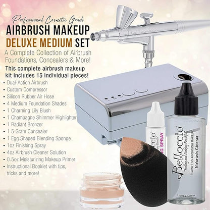 Belloccio Professional Beauty Deluxe Airbrush Cosmetic Makeup System with 4 Medium Shades of Foundation in 1/2 oz Bottles - Kit includes Blush, Bronzer and Highlighters
