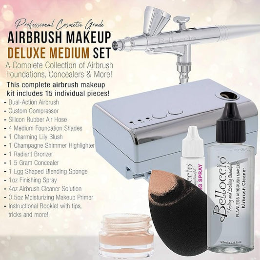 Belloccio Professional Beauty Deluxe Airbrush Cosmetic Makeup System with 4 Medium Shades of Foundation in 1/2 oz Bottles - Kit includes Blush, Bronzer and Highlighters