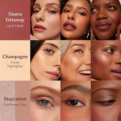 6-in-1 Stackable Travel Makeup Kit by Subtl Beauty | New Lip Glaze, Eyeshadow, Highlighter, Lip + Cheek, Blush, Shine Control | Includes Mirror & Brush | Compact Makeup for On the Go