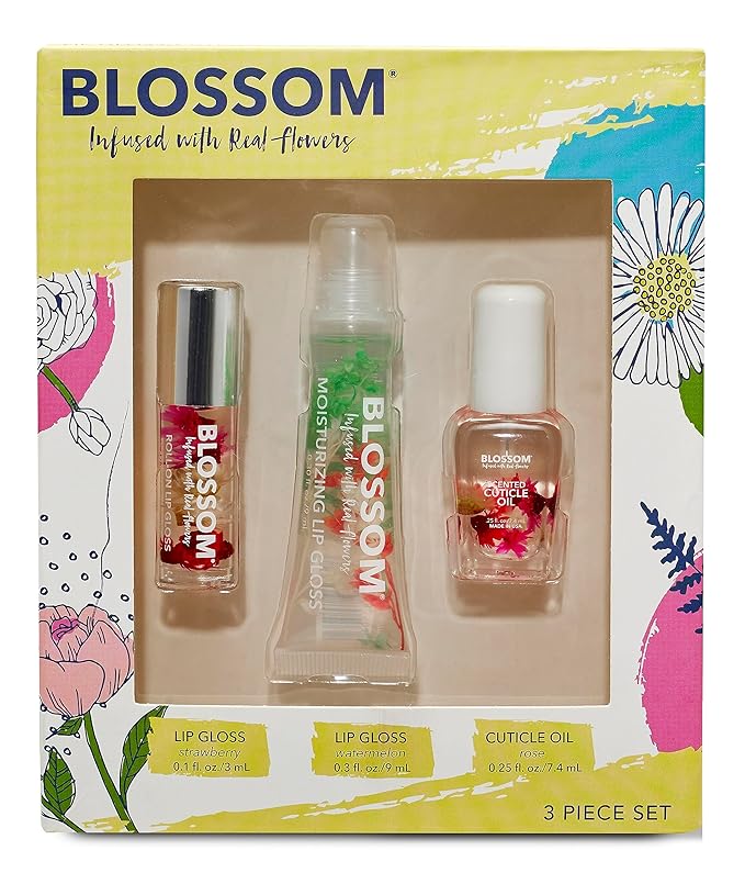 Blossom Scented Roll on Lip Gloss, Moisturizing Lip Gloss Tubes, Hydrating & Strengthening Scented Cuticle Oil with Real Flowers, 0.55 fl oz./19.4mL, 3 pack Gift Set, Strawberry/Watermelon/Rose