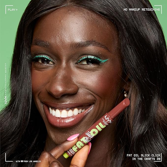 NYX PROFESSIONAL MAKEUP Fat Oil Slick Click, Lightweight, Buildable Pigmented Vegan Lip Balm - In The Drafts (Brown)