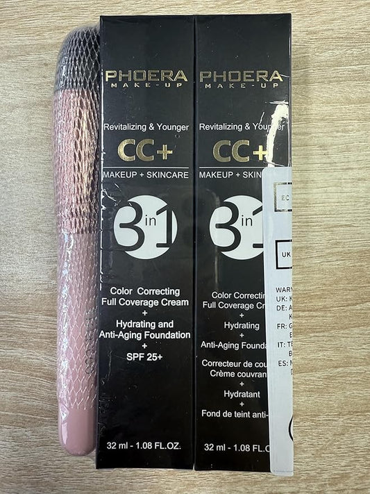 PHOERA CC Cream Foundation With SPF,PHOERA Full Coverage Foundation Color Correcting Cream,Anti Aging Hydrating Serum & SPF 25+ Sunscreen Natural Finish1.08 floz (2PCS 120 Nude)