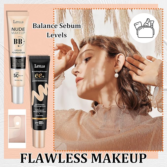 2 Pack Full Coverage Liquid Foundation,Moisturizing BB Cream Foundation Makeup Set with Foundation Brush,Oil Control Long Lasting Waterproof Concealer CC Cream Foundation for Women（Natural）