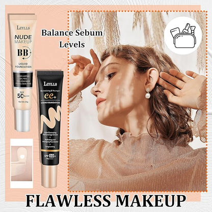2 Pack Full Coverage Liquid Foundation,Moisturizing BB Cream Foundation Makeup Set with Foundation Brush,Oil Control Long Lasting Waterproof Concealer CC Cream Foundation for Women（Natural）