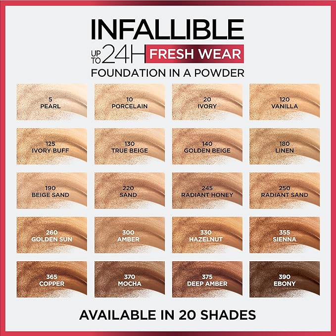 L'Oreal Paris Makeup Infallible Fresh Wear Foundation in a Powder, Up to 24H Wear, Waterproof, Beige Sand, 0.31 oz.