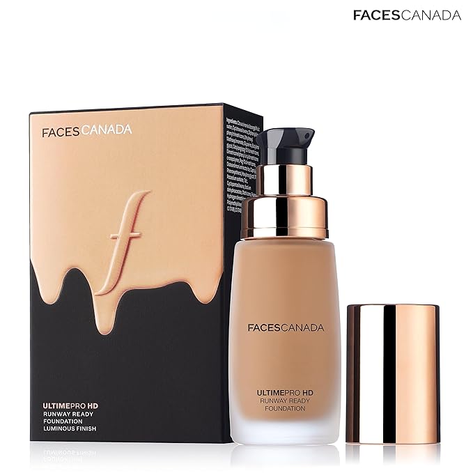 Faces Canada HD Runway Ready Foundation, Red Orange Extract & Gold particles, High Coverage, Oil-Free, Flawless Radiance, Vegan & Cruelty Free, Paraben Free, Almond Beige 06 (Beige), 1.01 Fl Oz