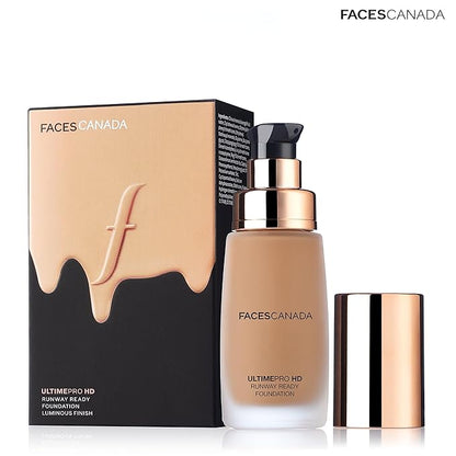 Faces Canada HD Runway Ready Foundation, Red Orange Extract & Gold particles, High Coverage, Oil-Free, Flawless Radiance, Vegan & Cruelty Free, Paraben Free, Almond Beige 06 (Beige), 1.01 Fl Oz
