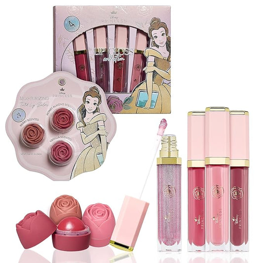 Disney Belle Maison Cosmetic Makeup Set, Makeup Essential Collection, Princess Belle Beauty and the Beast - Includes 3pc Lip Balm, 4pc Lip Gloss