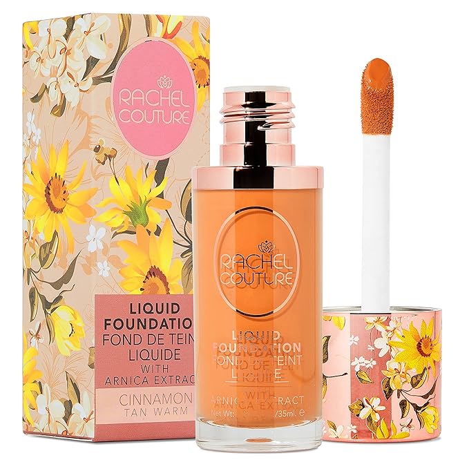 Rachel Couture Lightweight Liquid Foundation with Buildable Coverage & Matte Finish | Vegan & Cruelty-Free | Skin-Nourishing Arnica Extract Infusion - 1.18 Fl Oz - Cinnamon