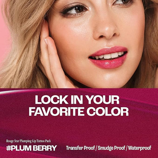 Rouge Star Plumping Lip Tattoo (0.17 oz) - 72-HR Long Lasting Waterproof Peel Off Lip Stain - Extreme Lip Plumper Transfer-Proof, Non -Sticky Hydrating Matte Lip Tint Tattoo (Plum Berry)