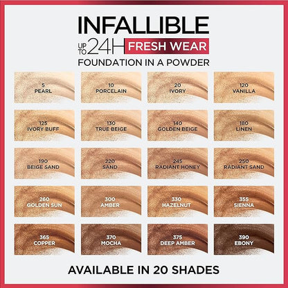 L'Oreal Paris Makeup Infallible Fresh Wear Foundation in a Powder, Up to 24H Wear, Waterproof, Sienna, 0.31 oz.