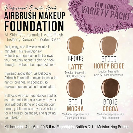 Belloccio Tan Color Shade Foundation Set - Professional Cosmetic Airbrush Makeup in 1/2 oz Bottles