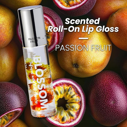 Blossom Roll on Lip Gloss, Scented Clear High Shine Moisturizing Lip Oil, Non Sticky, Infused with Real Flowers, Made in USA, 0.2oz, Passion Fruit