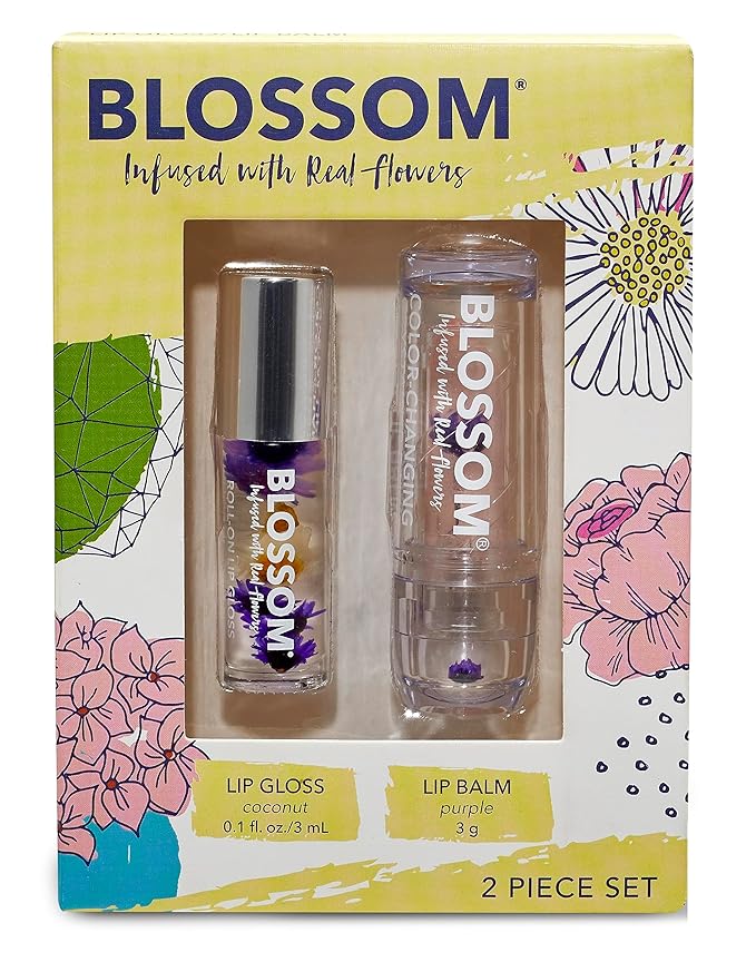 Blossom Moisturizing Scented pH Color Changing Crystal Lip Balm Strawberry Scented Lip Stain Tint, Mini Coconut Rollon Scented Lip Gloss, Infused with Real Flowers, 2 pk, Coconut/Purple