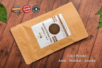 3 in 1 Powder Amla - Shikakai - Areetha Powder | 3.53 Oz (100 g) | Natural & Pure Mix Powder for Hair Care By KVAAS
