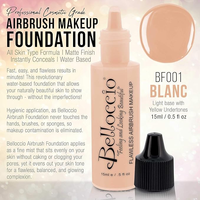Belloccio's Professional Cosmetic Airbrush Makeup Foundation 1/2oz Bottle: Blanc- Light with Yellow Undertones